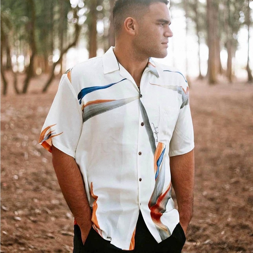 Men's White and Multicolor Short Sleeve Shirt